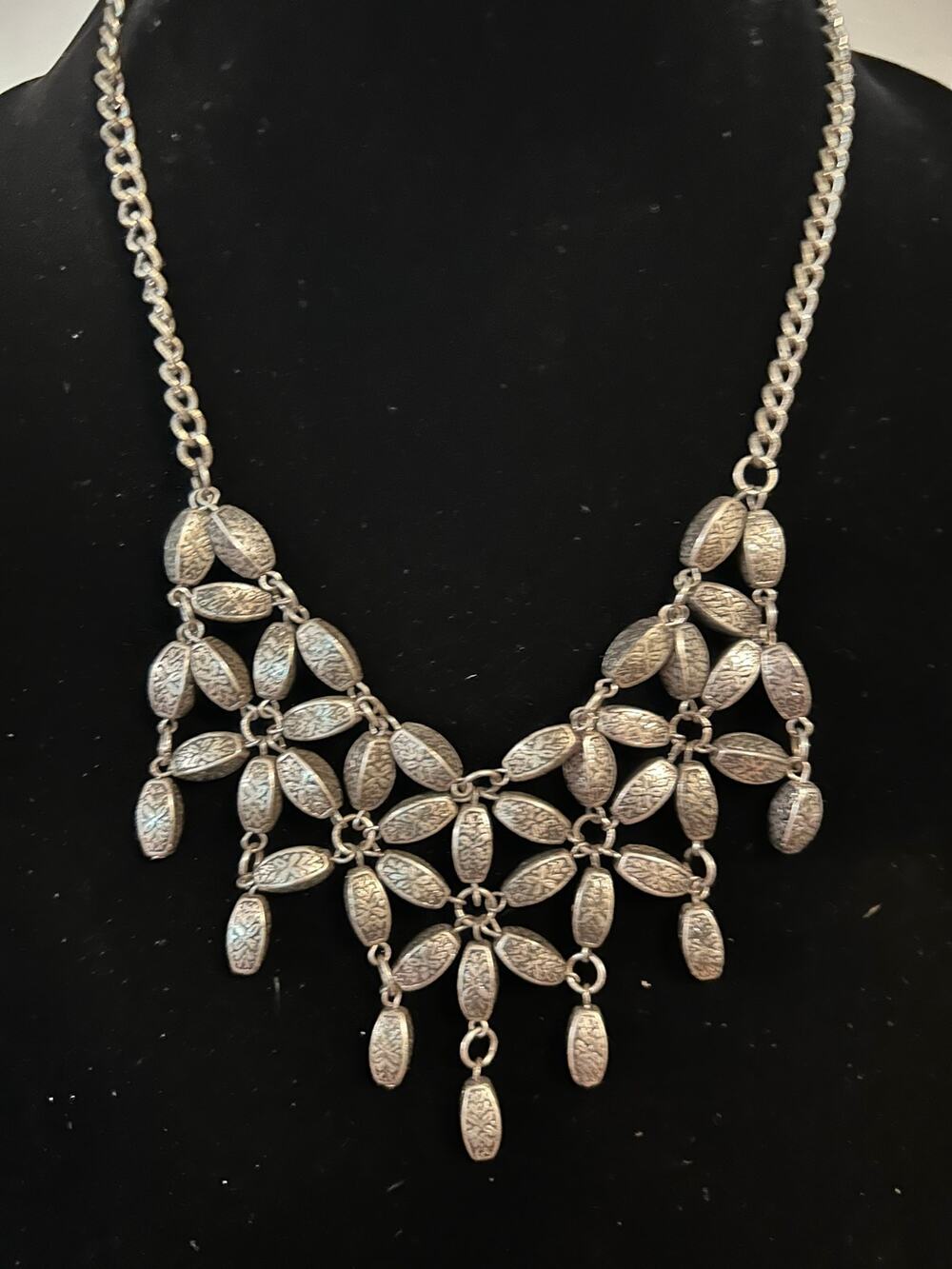 Vintage Silver Tone Filigree Bib Statement Necklace Boho Fringe Tiered Dangle